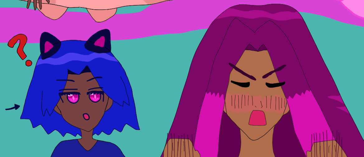 A very curious-looking chibi-ish Antonio with black cat ears and brown skin and glowing fuchsia eyes is looking at the Alejandro ahead of him who has his fists thrown up and with a intense blush for some reason while screaming.